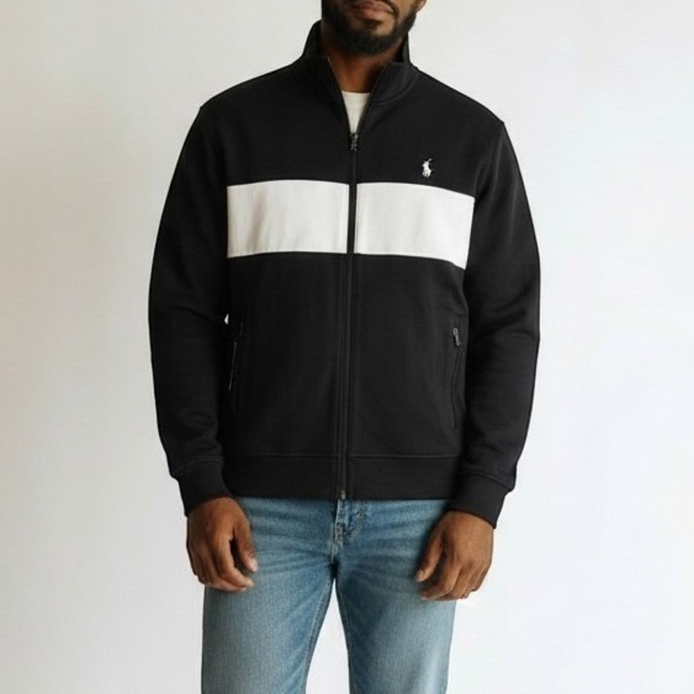 Polo Ralph Lauren Performance Full Zip Jacket Black White Stripe Mens XL